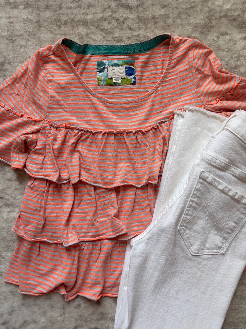Postmark Coral and Light Gray Striped Ruffle Top size small